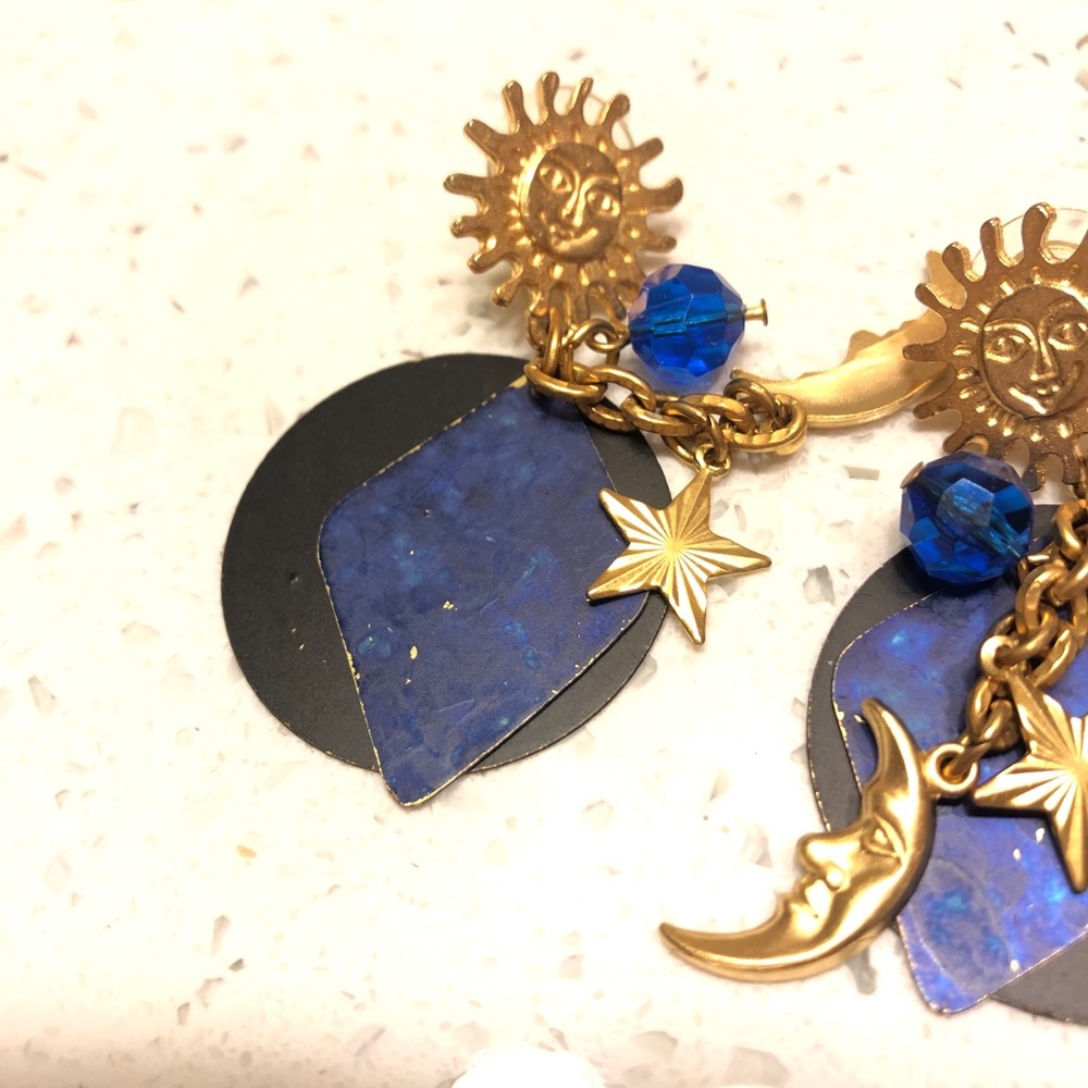 Vintage Boho Blue & Gold Sun Moon Stars Earrings